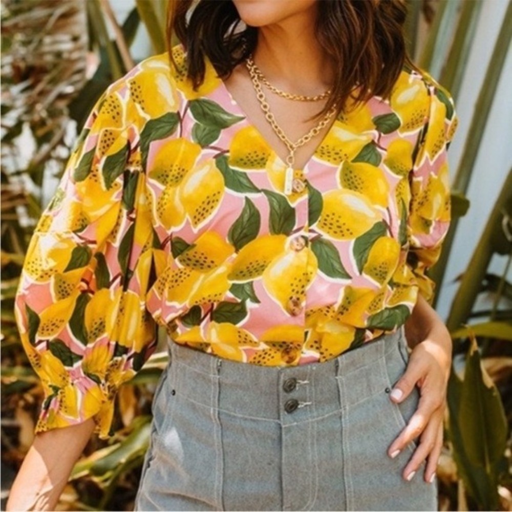 FARM Rio Pink Lemon Print Button-Up Blouse